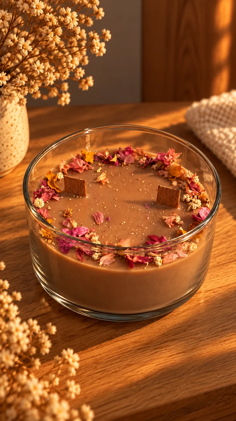Vela en vaso de vidrio con flores secas y pabilos de madera