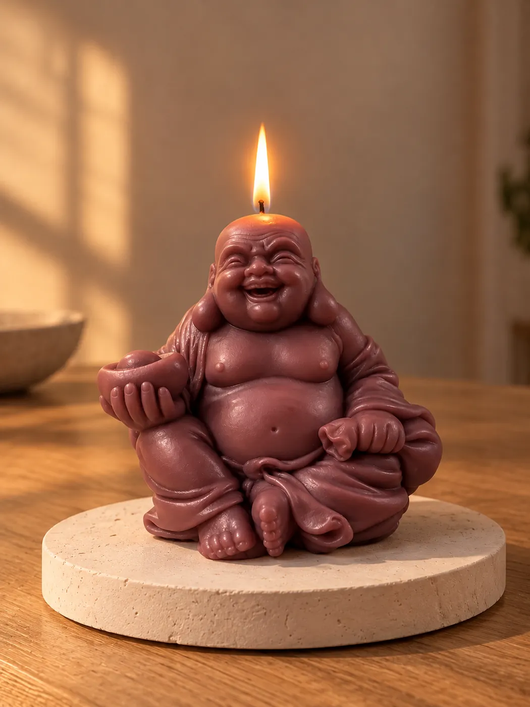 Vela con forma de Buda sonriente en color lila