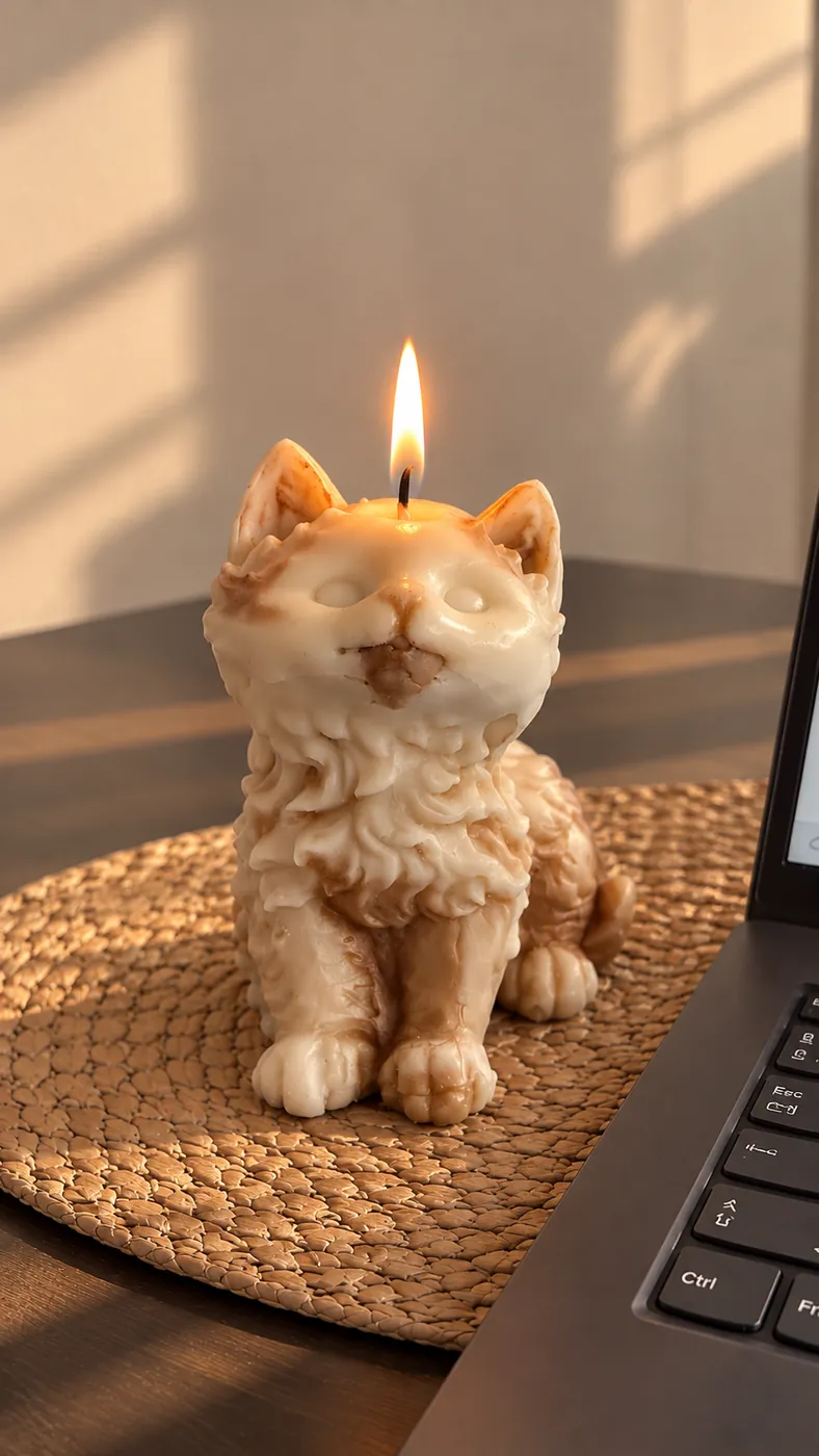 Vela con forma de gato en color crema