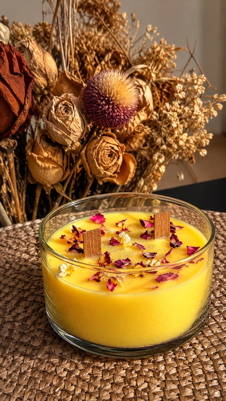 Vela amarilla con pétalos y pabilos de madera