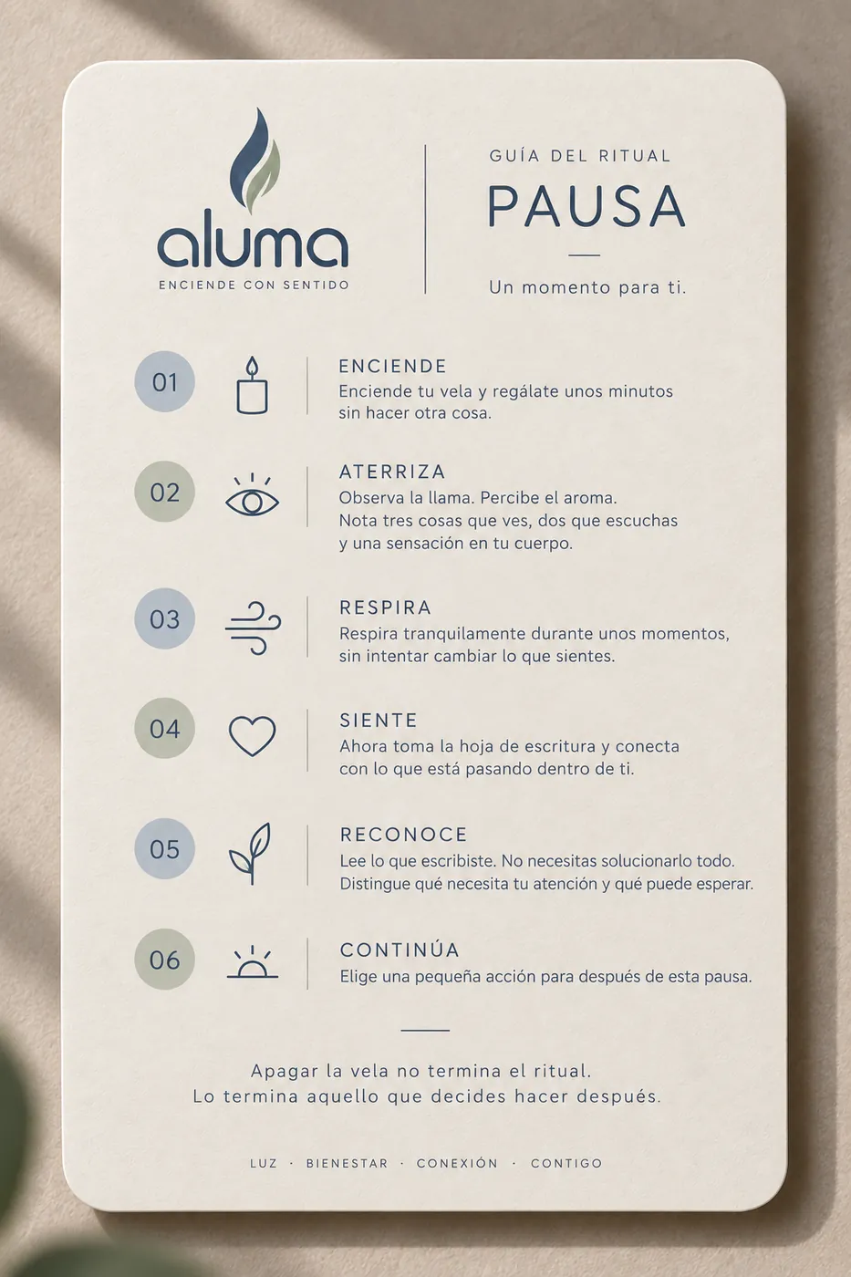 Tarjeta impresa de Aluma con la guía del ritual