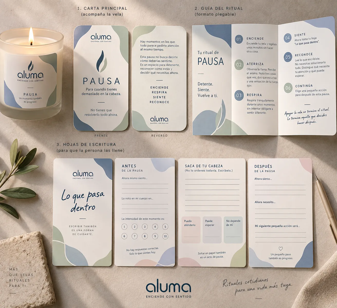 Kit PAUSA: vela Aluma con carta, guía del ritual y hojas de escritura